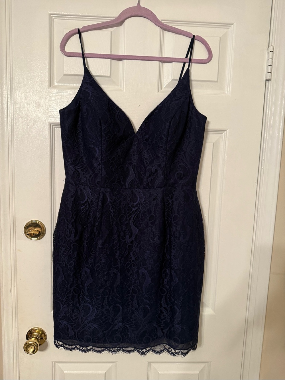 Hayley Paige Occasions Navy Lace Spaghetti-Strap Mini Dress